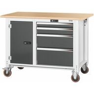 Arbetsbänk åkbar, dörr till vänster. till höger 4 utdragslådor, Multiplex-bokskiva 1250 mm