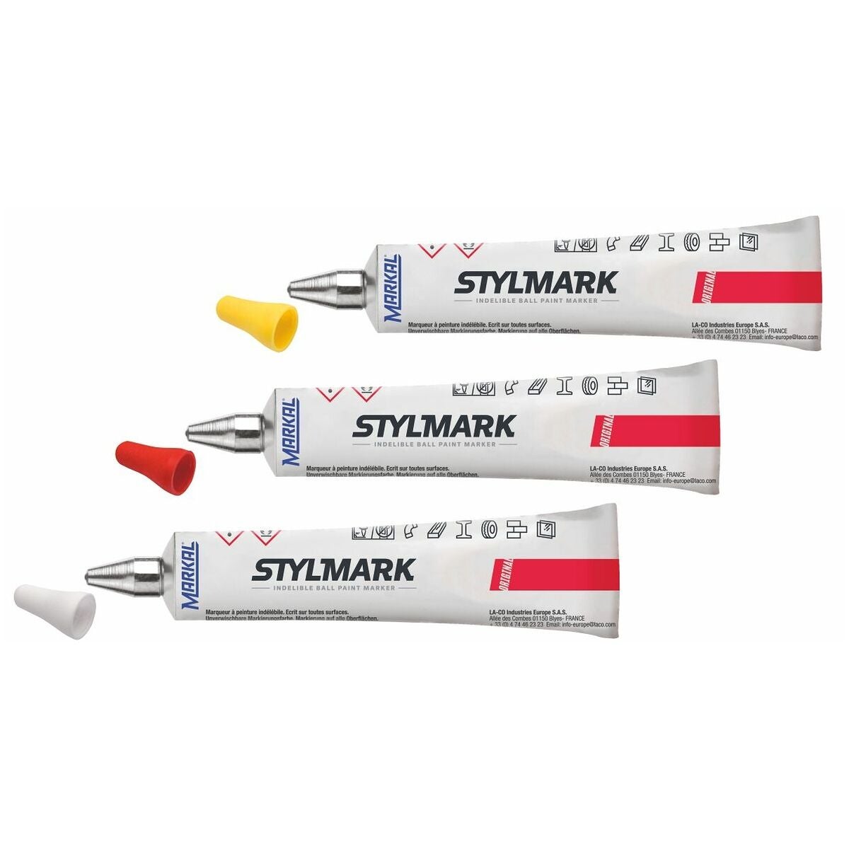 Sats med universella tubpennor vit, röd, gul Tredelad