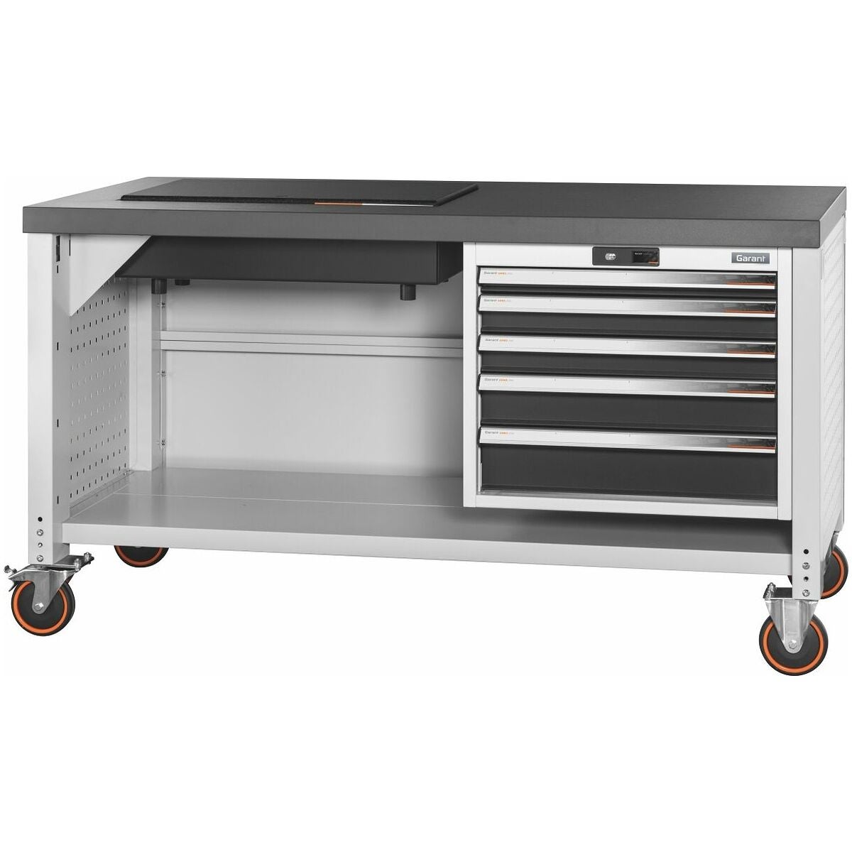 Vario arbetsbänk med 5 utdragslådor och med mörkgrå eluplanplatta mobil med granitplatta