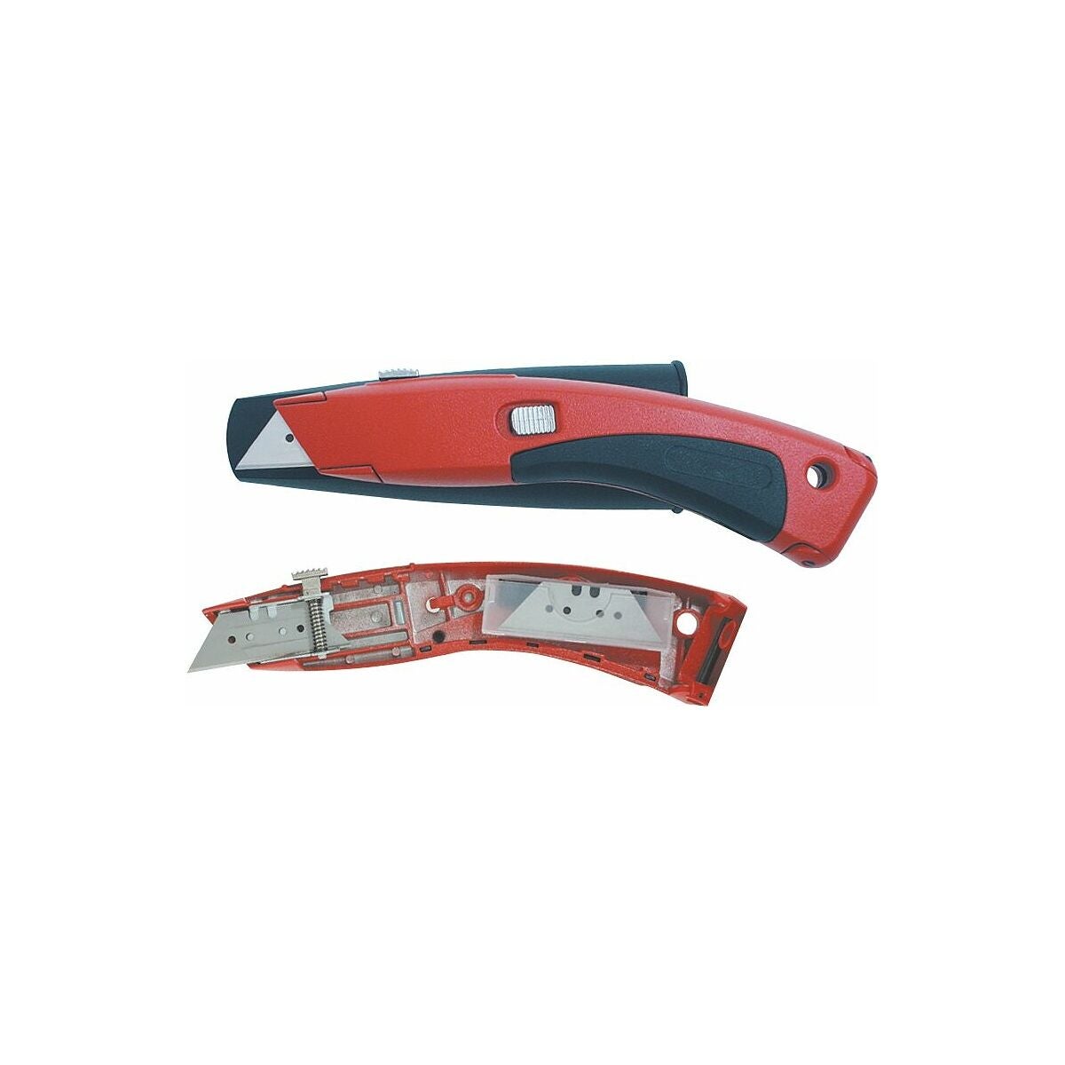 Kutterkniv med pressgjutet handtag i zink och indragbar klinga, med förvaringshål