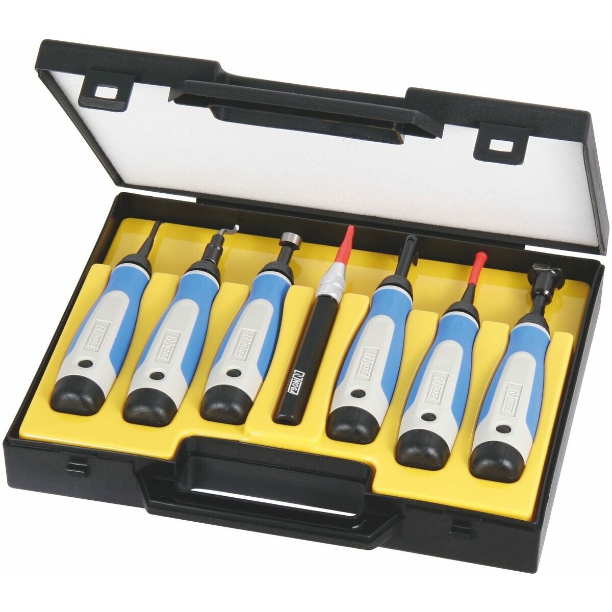 Allroundgradverktyg / skavstålssortiment (7 hållare med blad), i plastlåda 16 delar