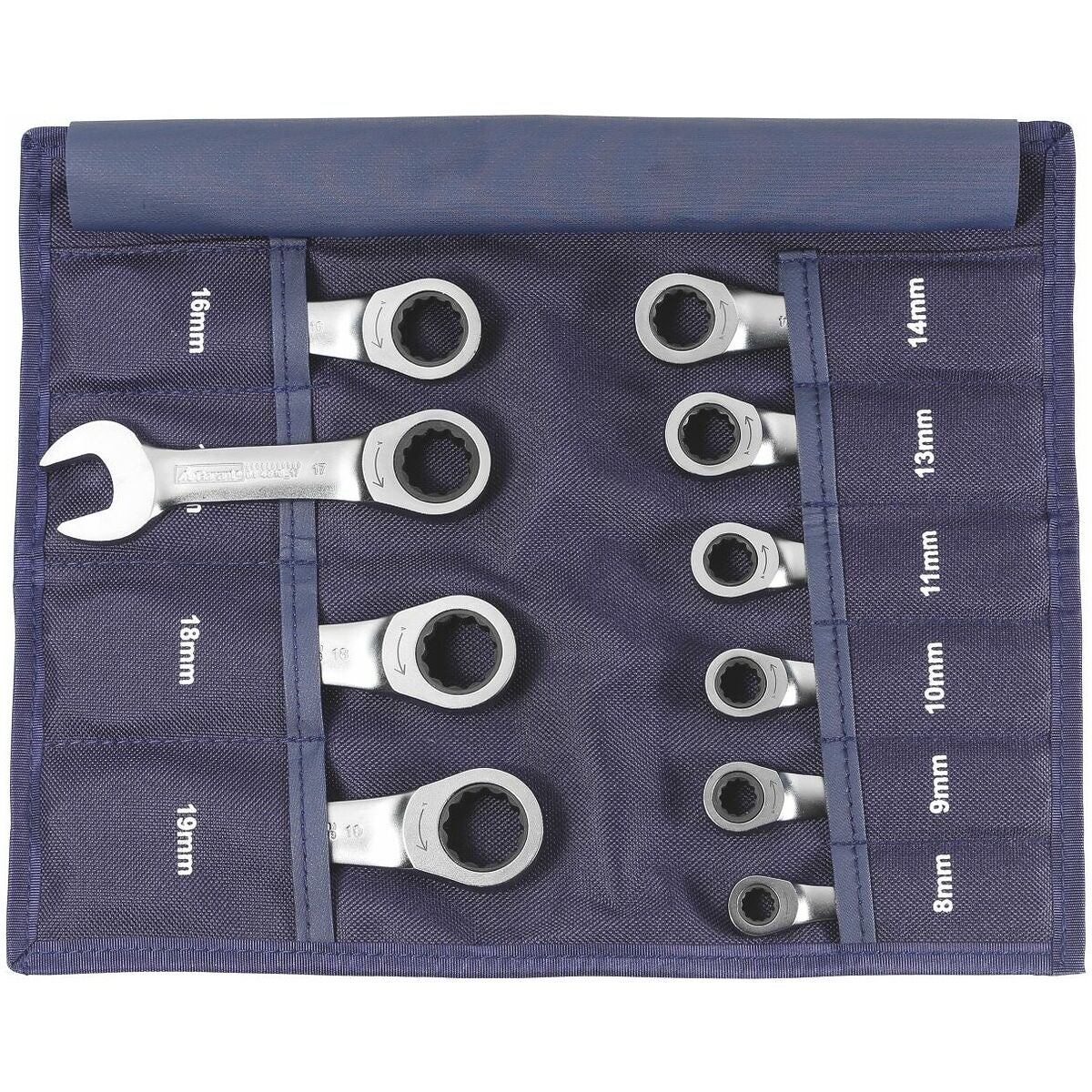 Fast skruvnyckel- / ringspärrnyckelsats i rullväska kort utförande