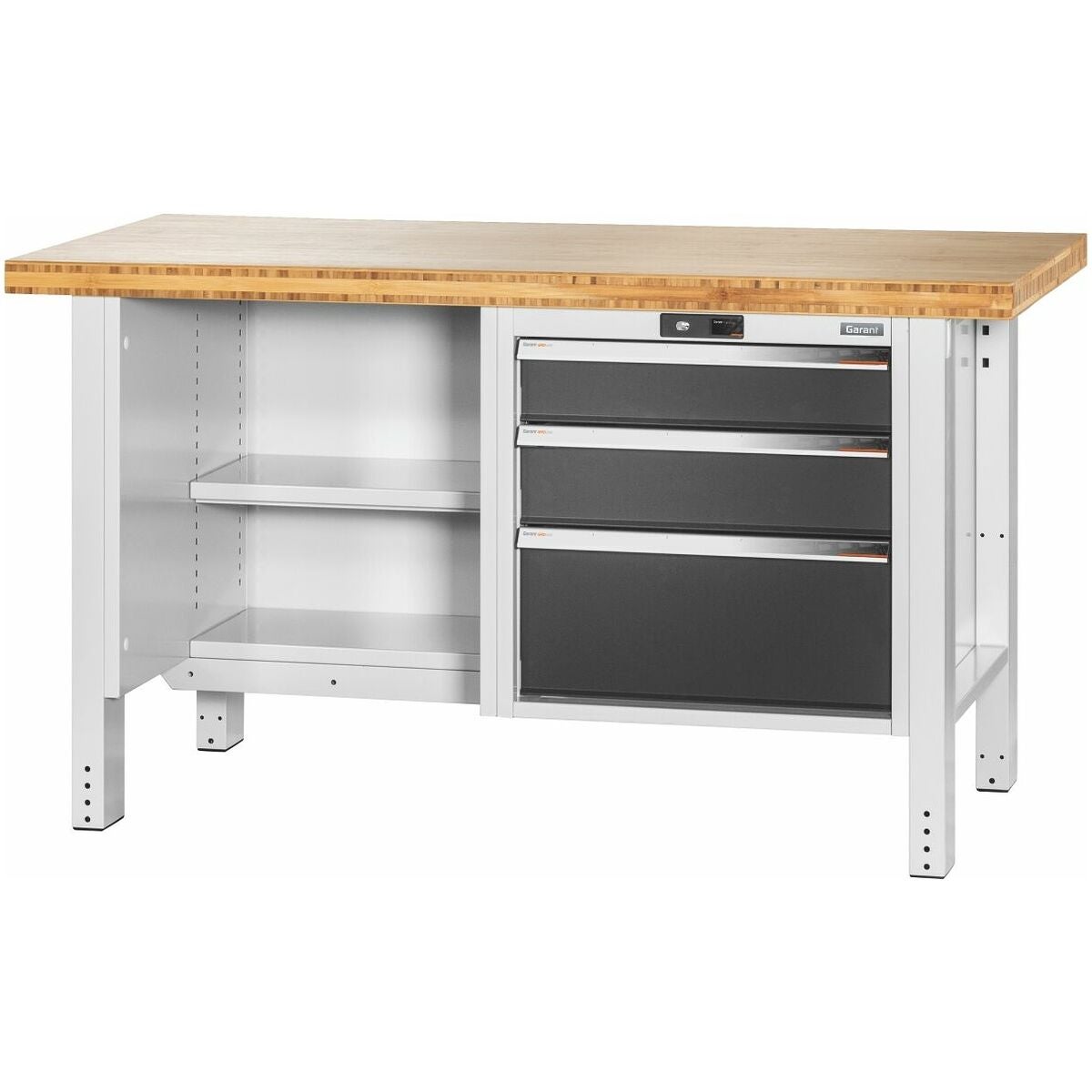 Arbetsbänk, öppen till vänster. till höger 3 utdragslådor, Bambuskiva 20×20G