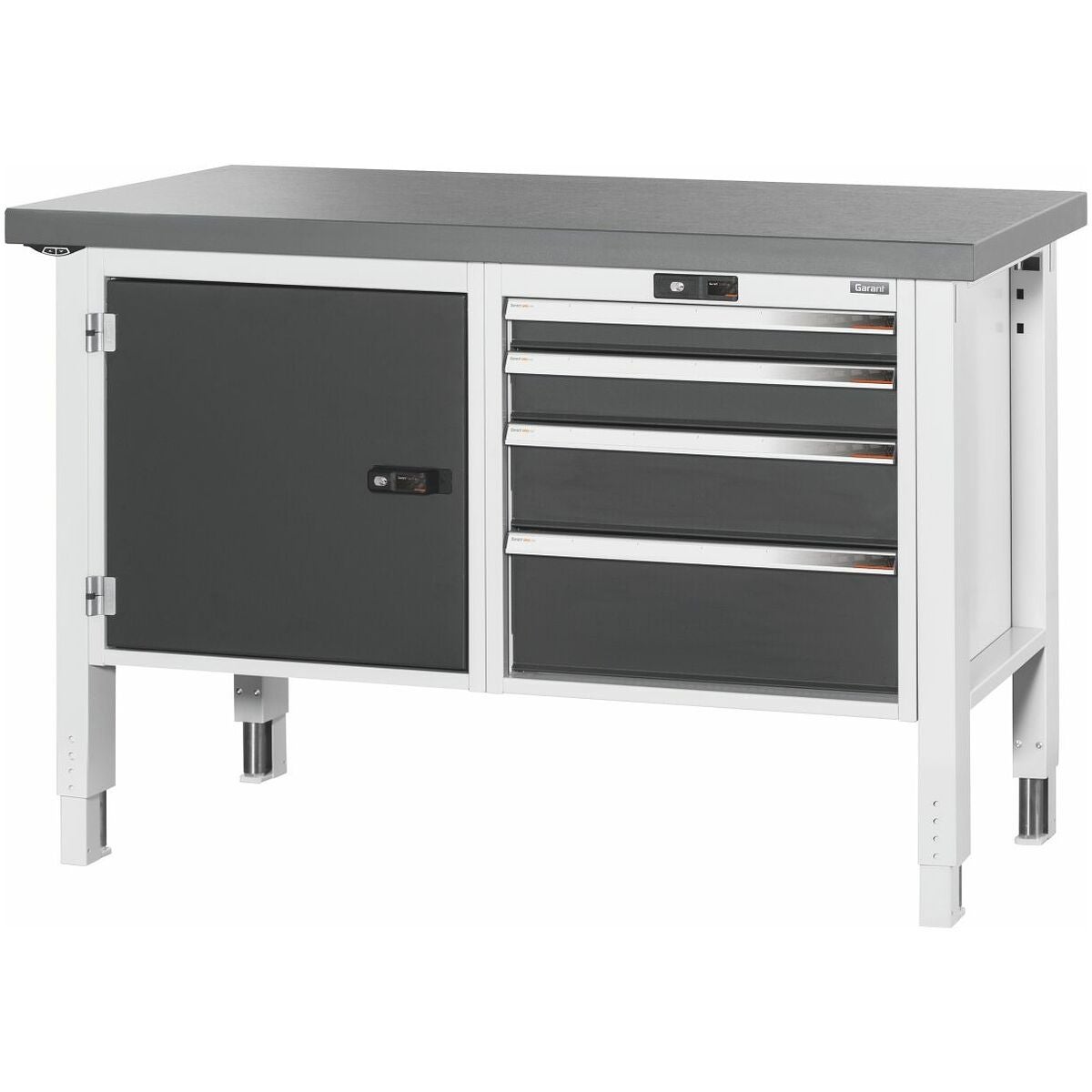 Arbetsbänk, lucka till vänster. till höger 4 utdragslådor, Eluplan-skiva mörk 20×20G