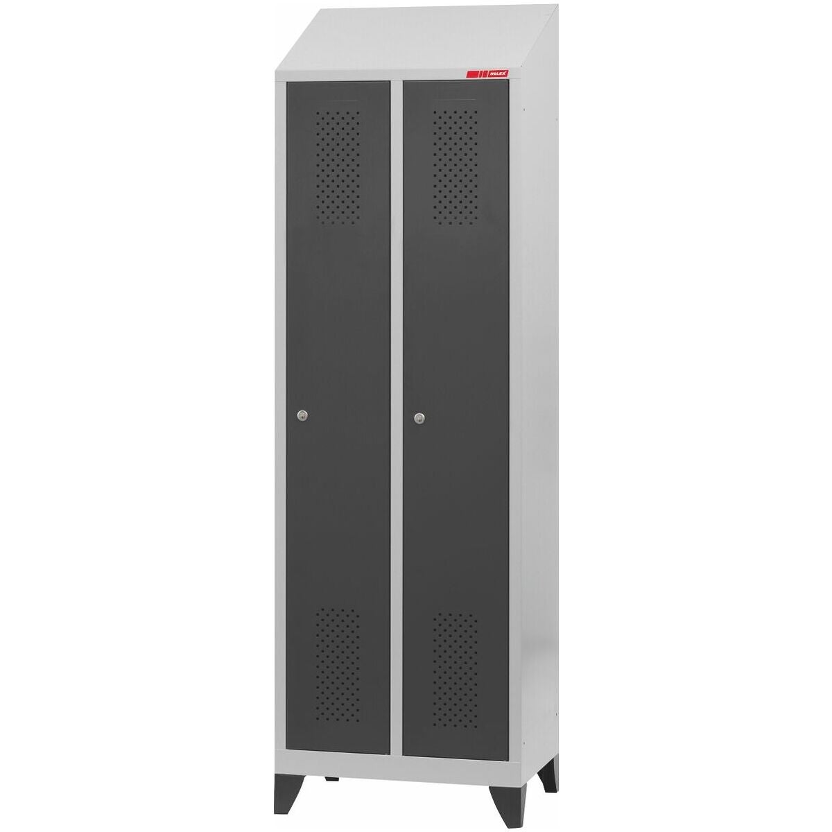 Klädskåp med snedtak, plastfötter och DOM cylinderlås