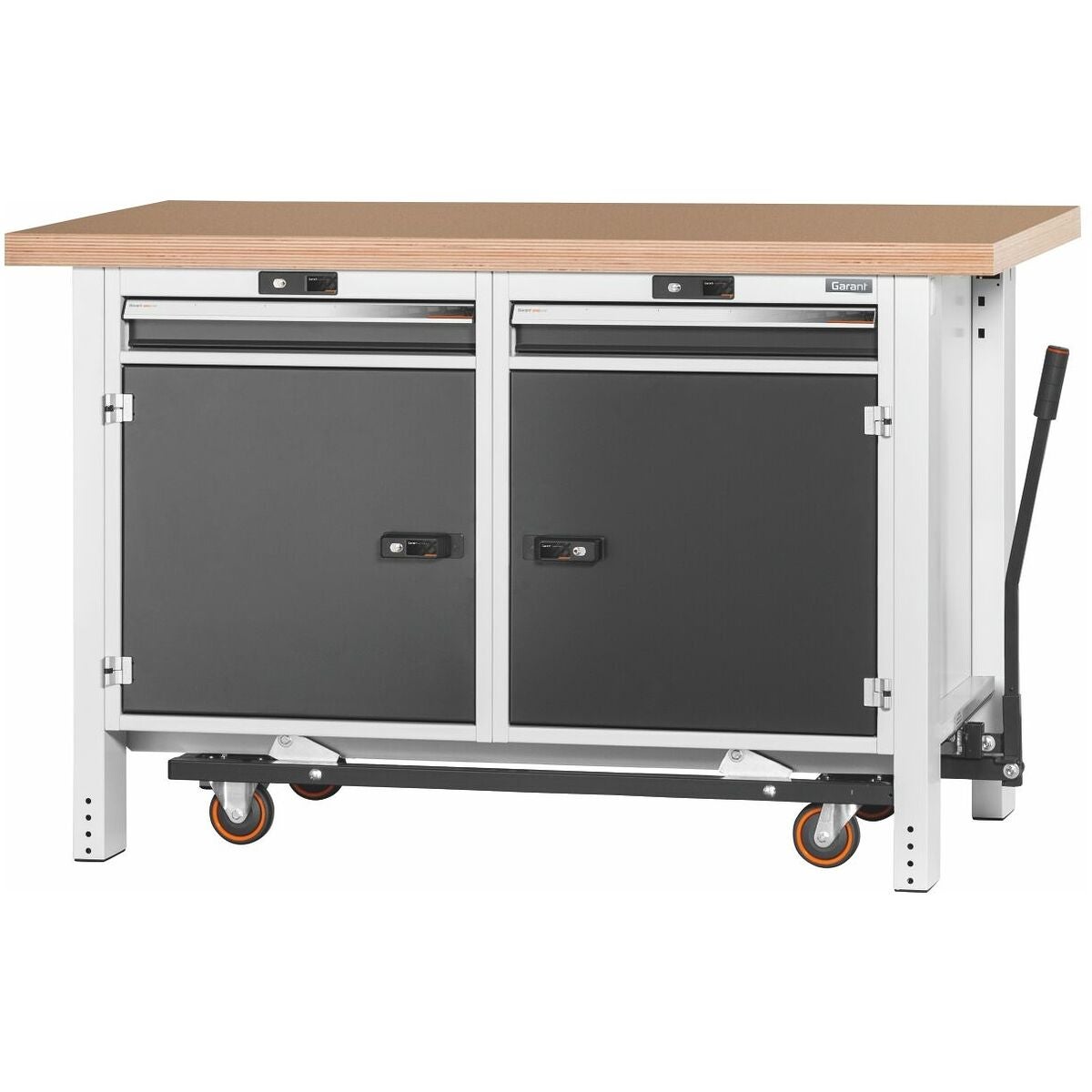 Arbetsbänk med åkanordning, höjd 950 mm med Multiplex-bokskiva 20×20G