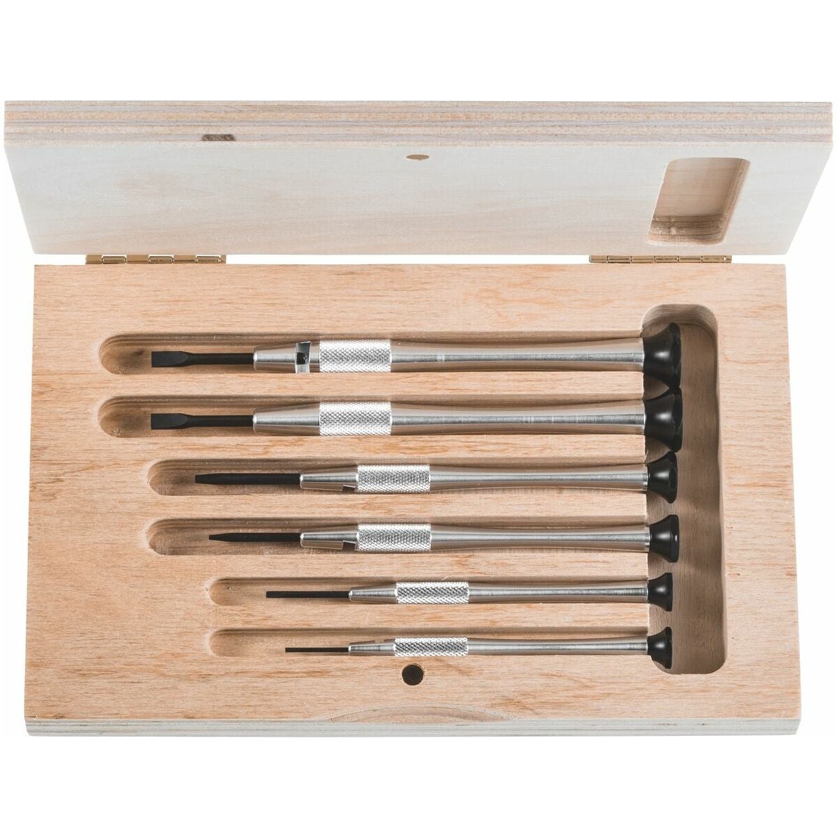 Sats med urmakarskruvmejslar, 6 delar med aluminiumhandtag i träetui