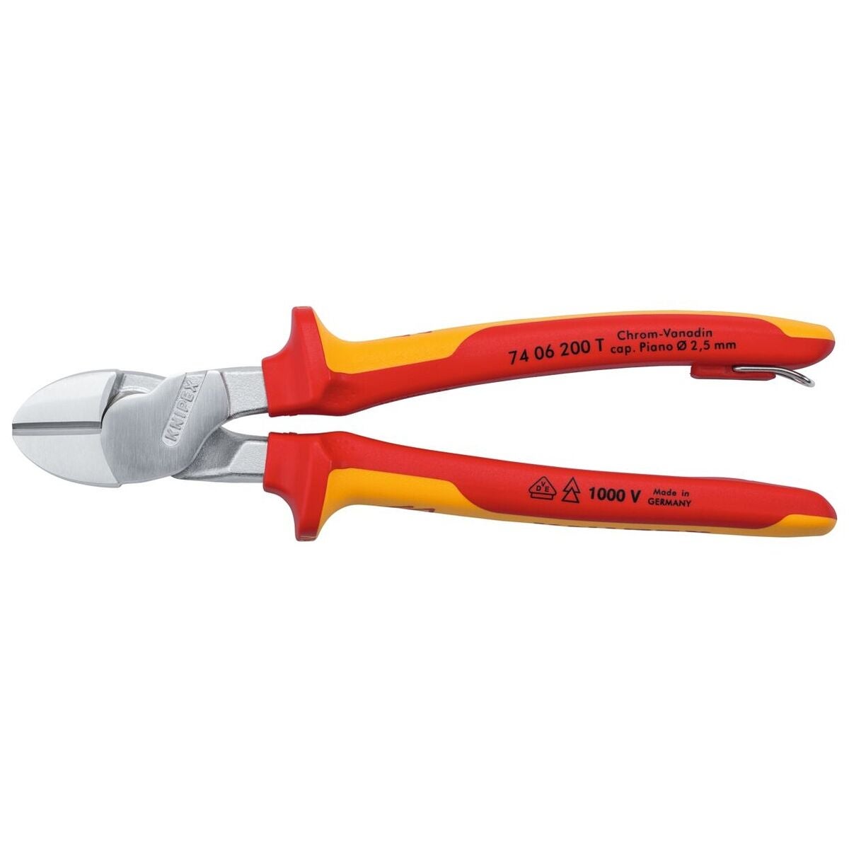 Kraftsidavbitare, förkromad VDE-isolerad, med säkringsögla