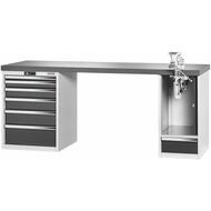 Vario arbetsbänk med 2 hurtsar, höjdreglering med fällanordning, höjd 850 mm, Eluplan-skiva mörk 2000/6+1T mm