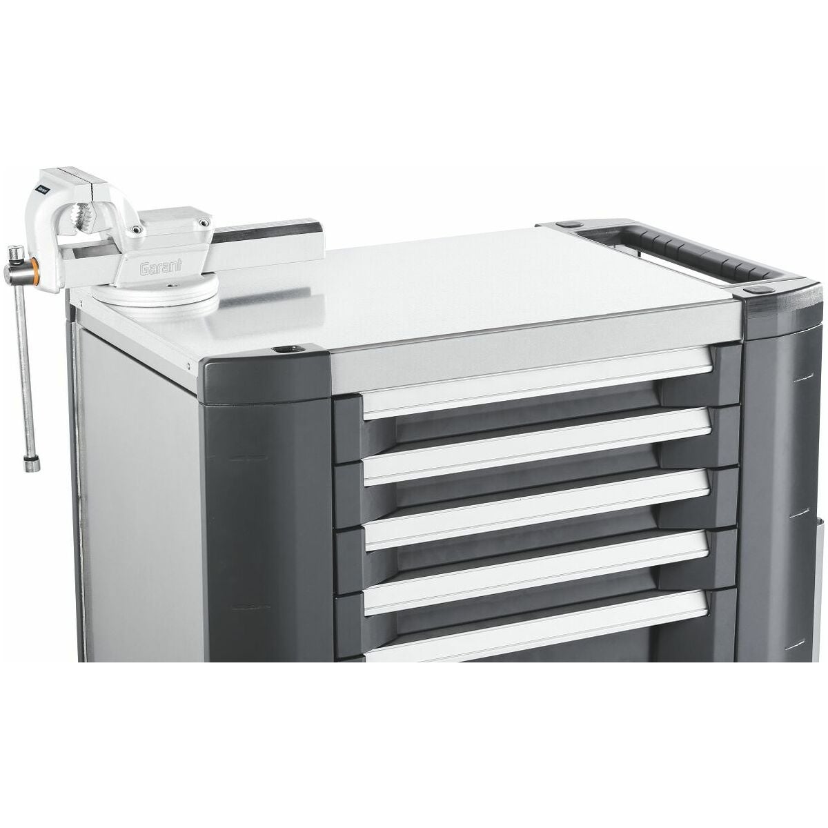 Arbetsskiva av bambu med yta av förzinkad stålplåt och skruvstycke