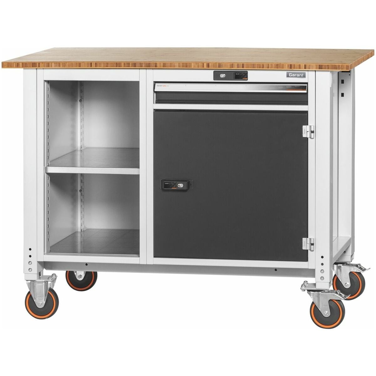 Arbetsbänk åkbar, öppen till vänster, till höger dörr och utdragslåda, höjd 950 mm, Bambuskiva 20×20G