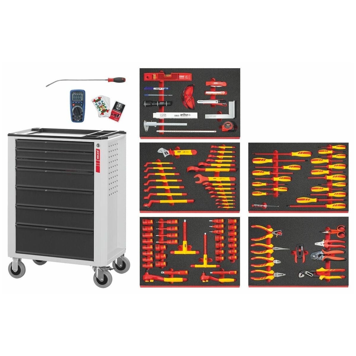 Verkstadsvagn inkl. verktygssortiment för elektriker, 111 delar till 6 utdragslådor