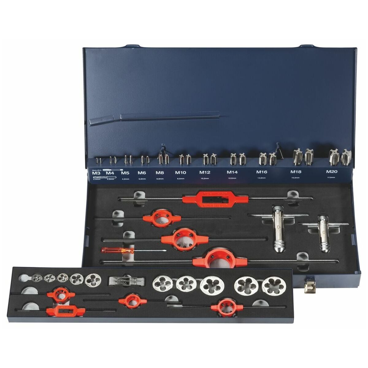 Sats med gängverktyg för fingängor i plåtlåda