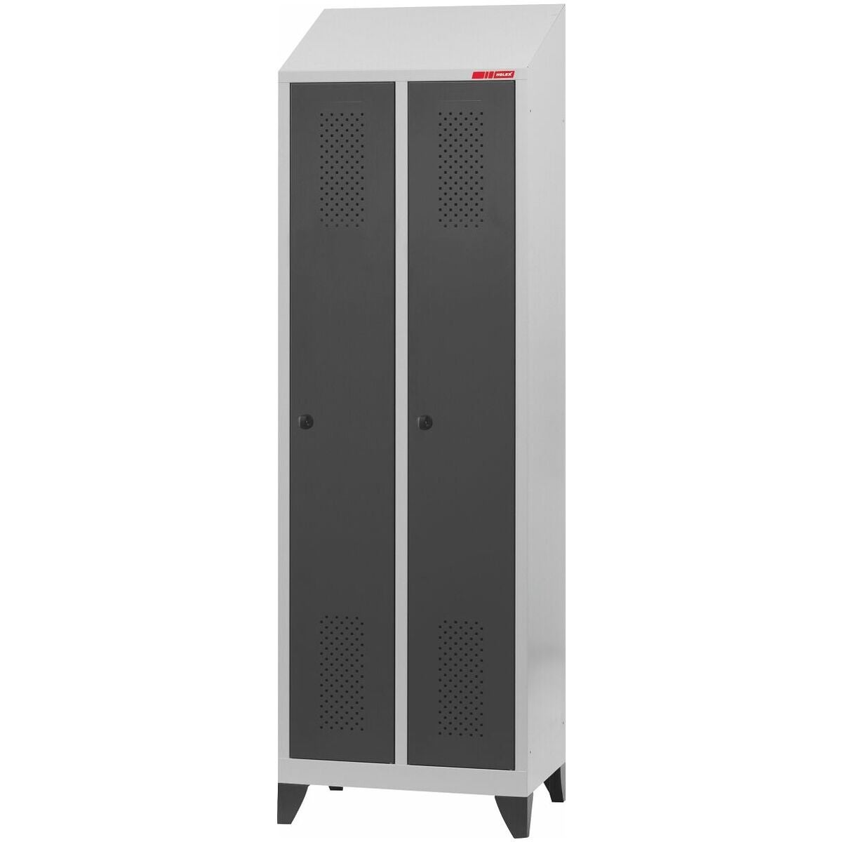 Klädskåp med snedtak, plastfötter och säkerhetslåsklinka