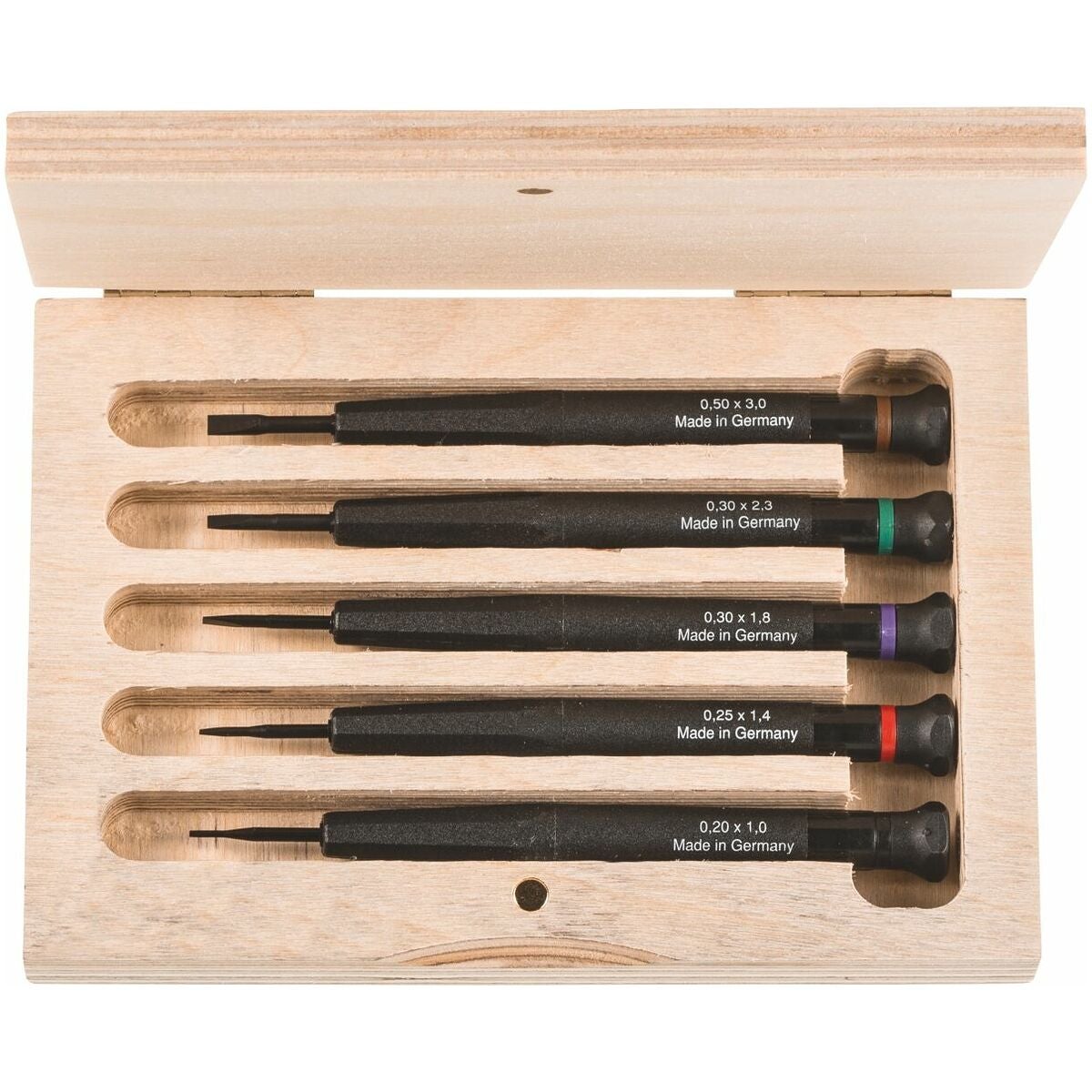 Sats med urmakarskruvmejslar, 5 delar med plasthandtag i träetui