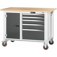 Arbetsbänk åkbar, dörr till vänster. till höger 5 utdragslådor, Multiplex-bokskiva 1250 mm