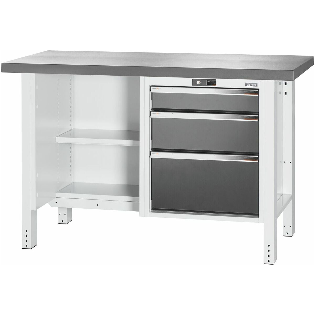 Arbetsbänk, öppen till vänster. till höger 3 utdragslådor, Eluplan-skiva mörk 20×20G