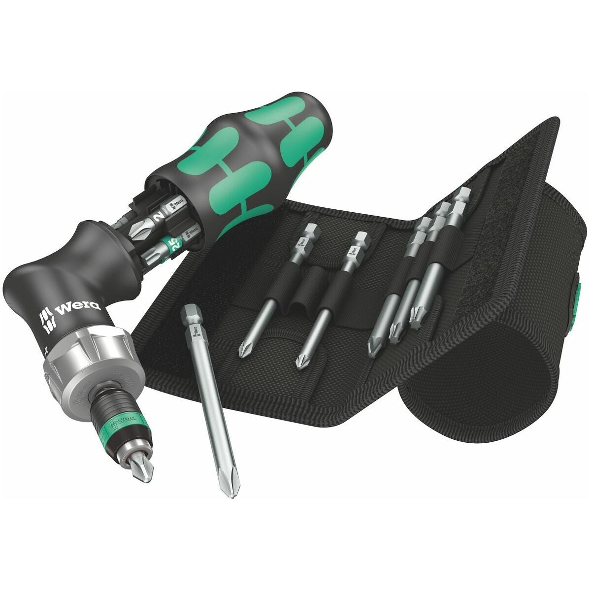 Enhands magasinspärrnyckel med 1/4 tum bits i textilbälteshållare