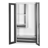 Basskåp med skiljevägg och utdragslådor med fönsterförsedda dörrar