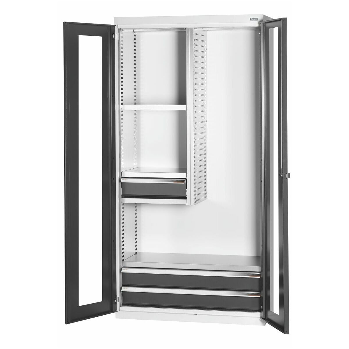 Basskåp med skiljevägg och utdragslådor med fönsterförsedda dörrar