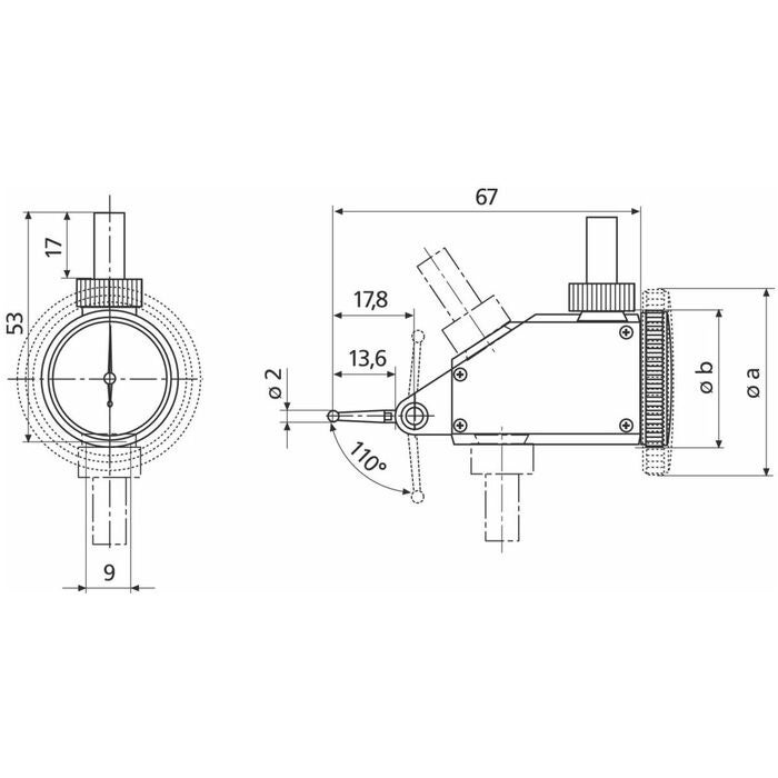 Vippindikator med horisontellt ur mätspetslängd 14,5 mm 0,1/38 mm