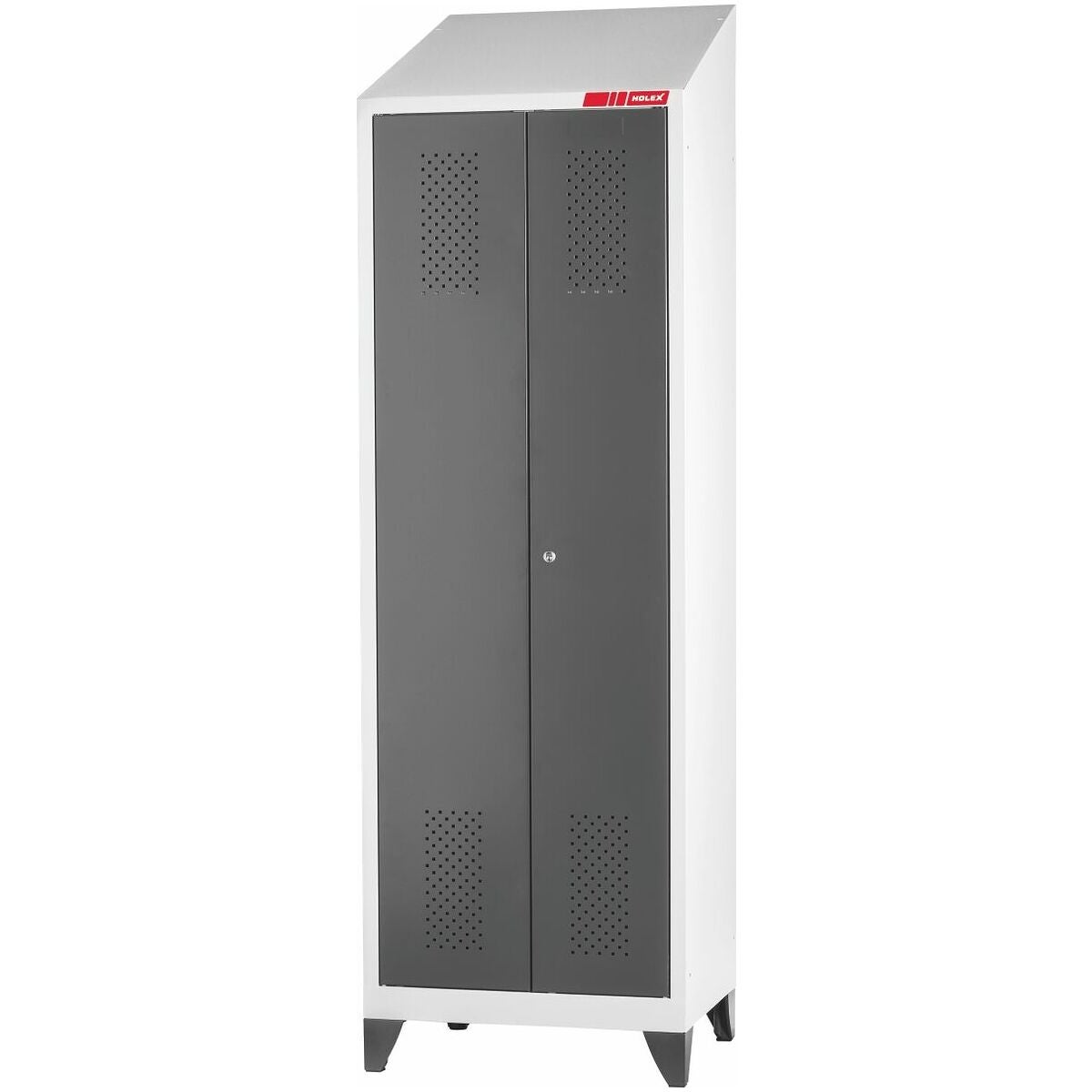 Klädskåp med snedtak för svart-vit-separation med plastfötter och DOM cylinderlås