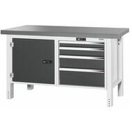 Arbetsbänk, lucka till vänster. till höger 4 utdragslådor, Eluplan-skiva mörk 20×20G