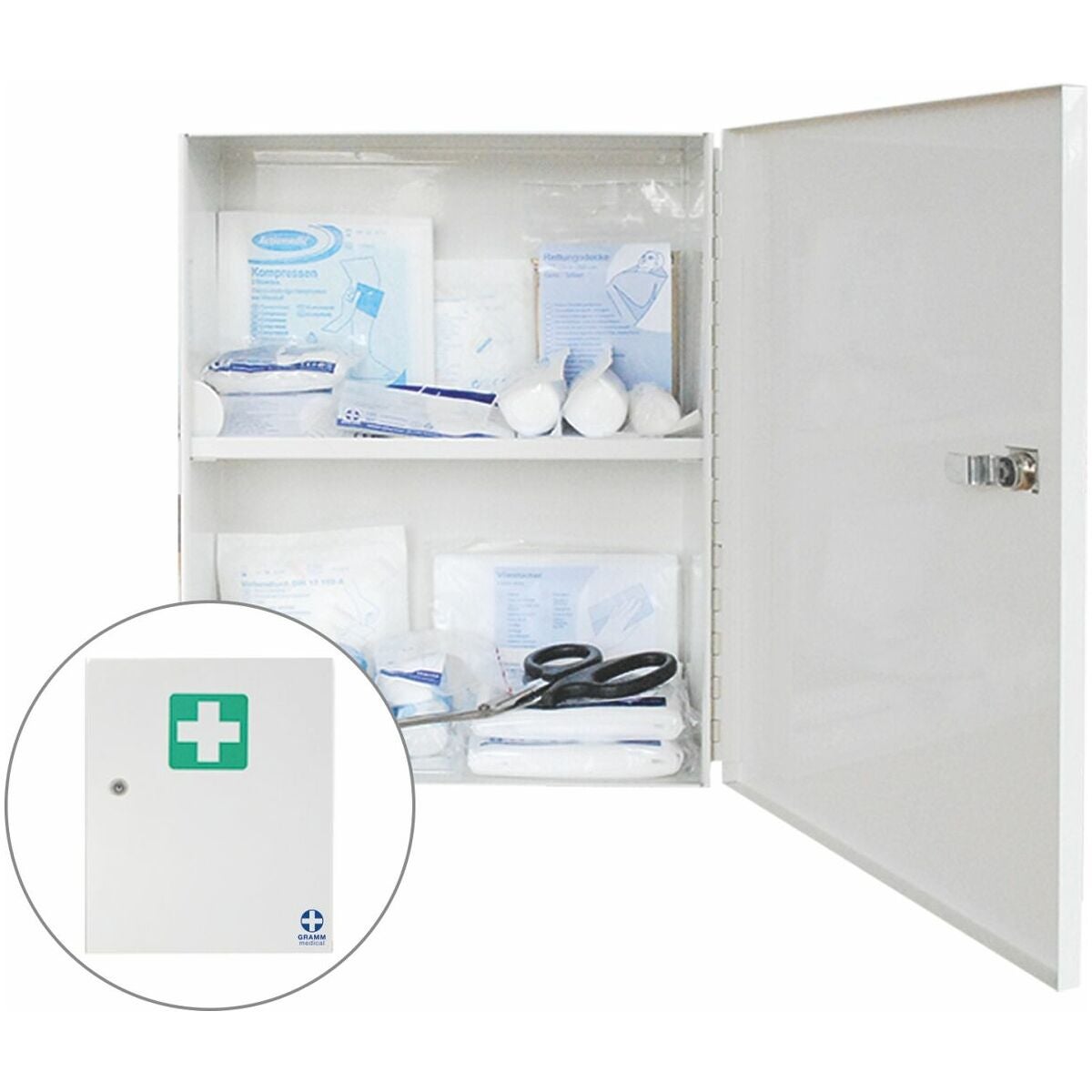 Förbandsskåp av metall fylld