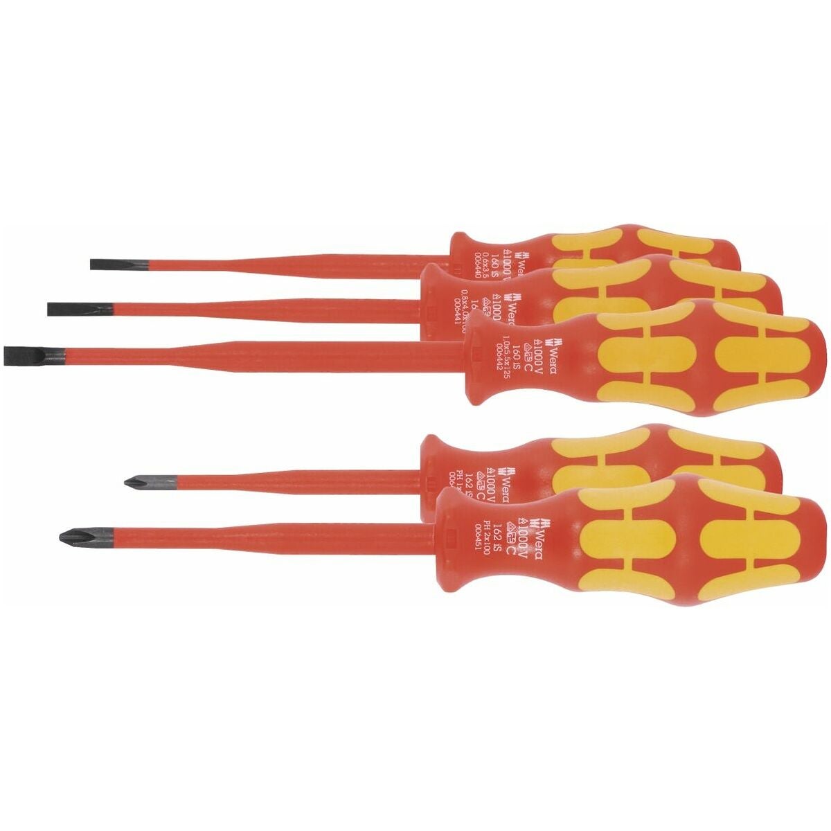 Elektrikermejslar, sortiment, 5 delar för spårskruvar och stjärnskruvar, reducerad klingdiameter, helt VDE-isolerad