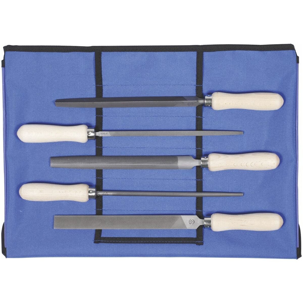 Sats med universalfilar, fem delar i fodral huggning 2, med trähandtag