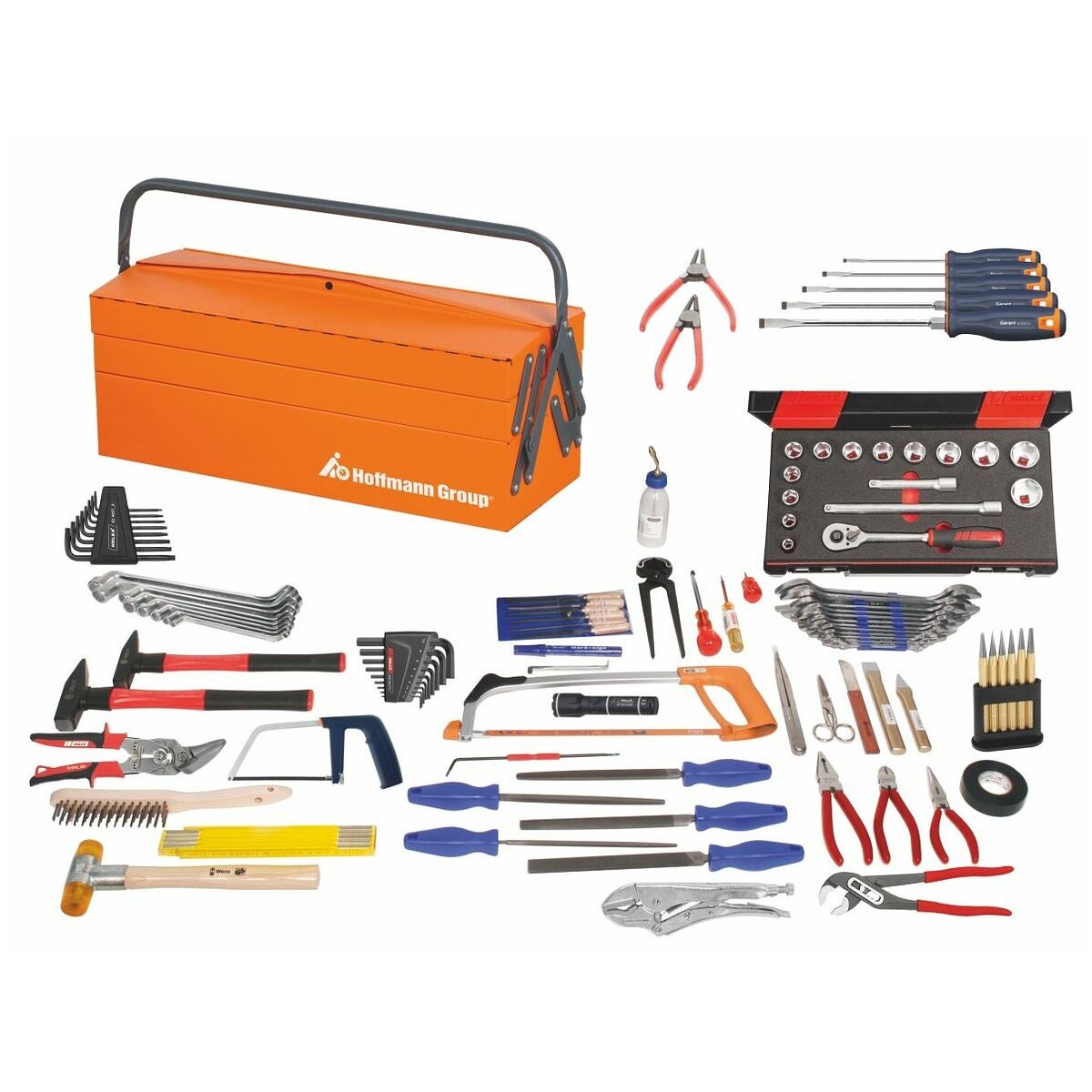Montageverktygssortiment, 107 delar med stålplåts-verktygslåda