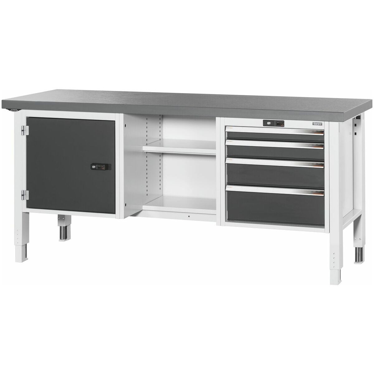 Arbetsbänk, elektriskt höjdjusterbar, lucka till vänster, i mitten öppen, till höger 4 utdragslådor, Eluplan-skiva mörk 20×20G