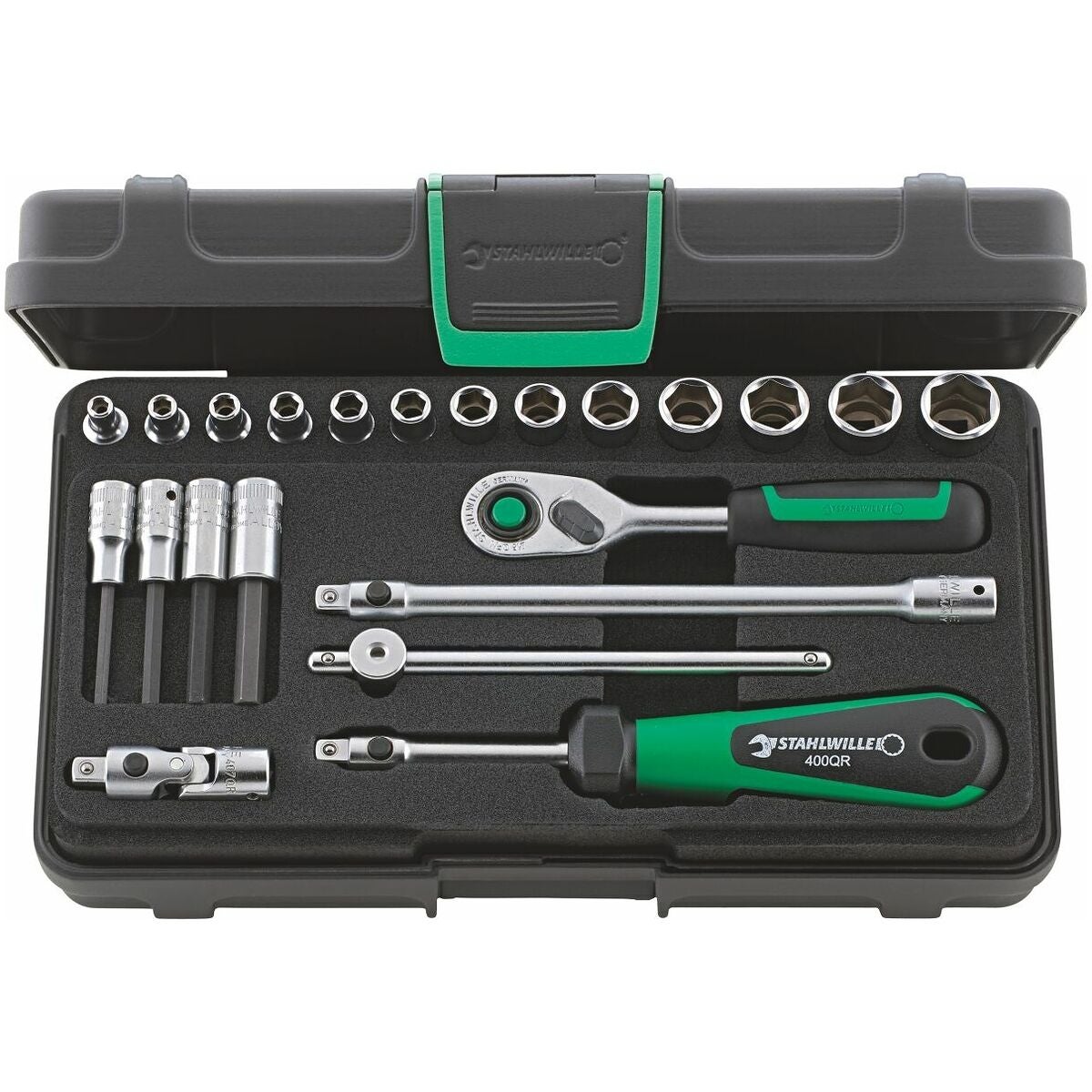Hylsnyckelsortiment QuickRelease, 1/4 tum fyrkant 22 delar