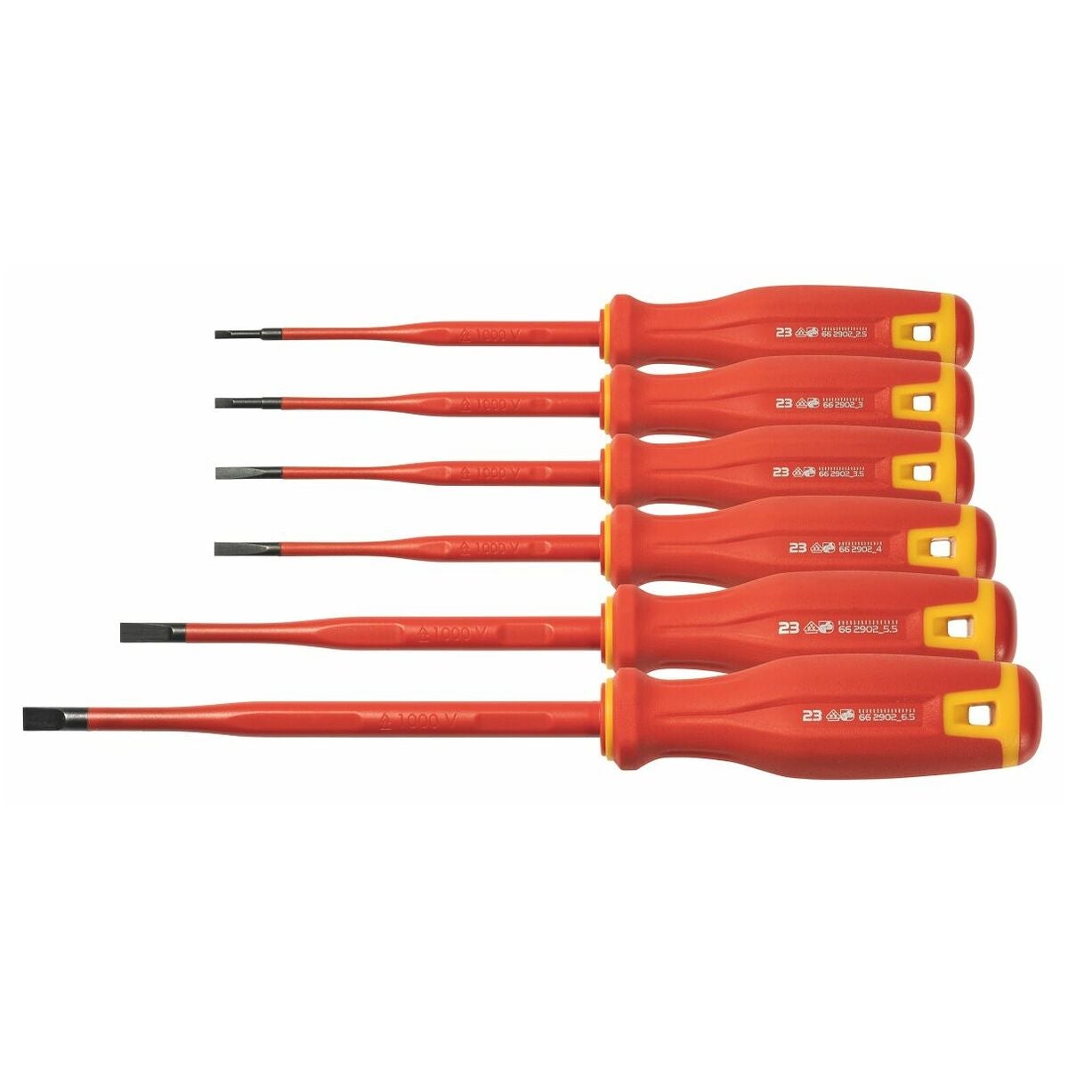 Skruvmejselsats för elektriker för spårskruvar, med 2K-Haptoprene-handtag SLIM-klinga, helt VDE-isolerad